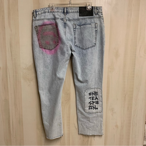 One Teaspoon Blue Graffiti Straight Leg Jeans Size 18 - Picture 10 of 16